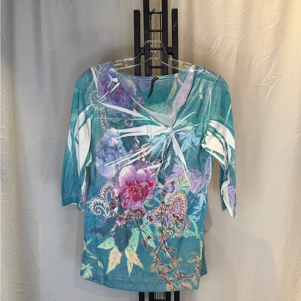 Tropical Bloom Women's Blouse‎ - Turquoise and Pink